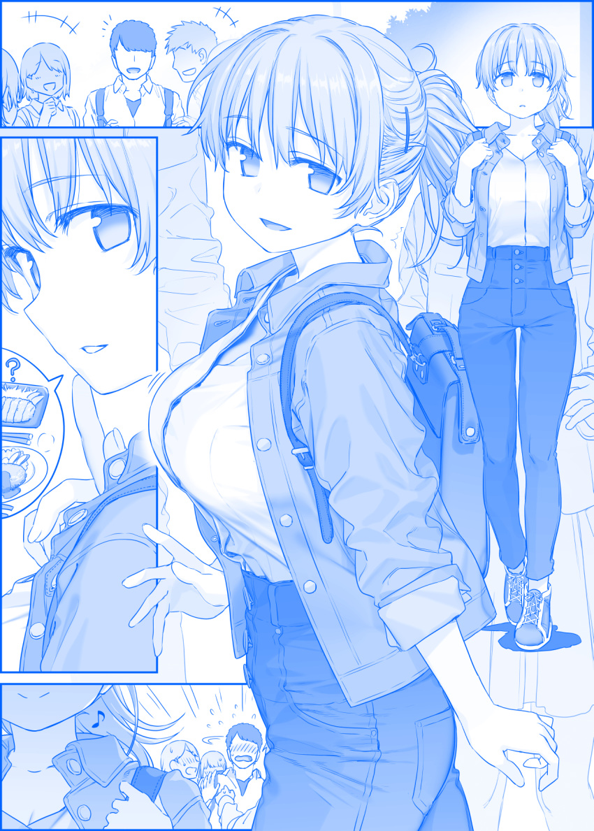 2boys 3girls ? bag blue_theme blush breasts faceless faceless_male flying_sweatdrops full_body getsuyoubi_no_tawawa gimai-chan's_stepbrother_(tawawa) gimai-chan_(tawawa) highres himura_kiseki large_breasts lunch multiple_boys multiple_girls musical_note no_pupils pants school_bag shoes smile