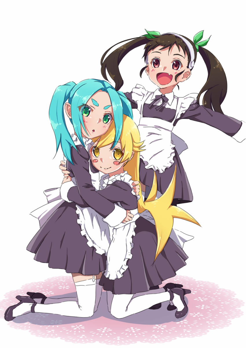 3girls :d :o alternate_costume apron aqua_hair bangs black_hair black_neckwear blonde_hair blush blush_stickers closed_mouth drawdream1025 eyebrows_visible_through_hair fang full_body green_eyes hachikuji_mayoi hair_ribbon hairband happy highres hug kneeling long_hair looking_at_viewer maid maid_apron maid_day maid_dress monogatari_(series) multiple_girls ononoki_yotsugi open_mouth oshino_shinobu ribbon shadow simple_background skin_fang skirt smile thick_eyebrows twintails white_background yellow_eyes