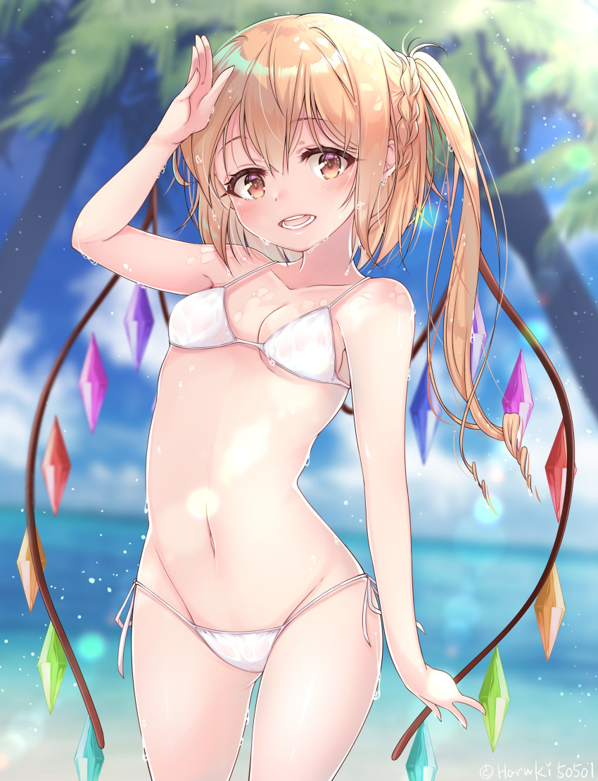 1girl absurdres arm_up artist_name ass_visible_through_thighs bangs bare_arms bare_shoulders bikini blonde_hair blue_sky blurry blurry_background blush braid breasts brown_eyes clouds collarbone commentary_request cowboy_shot crystal day eyebrows_visible_through_hair flandre_scarlet groin hair_between_eyes haruki_(colorful_macaron) highres lens_flare light_particles long_hair looking_at_viewer navel no_hat no_headwear one_side_up open_mouth outdoors sky small_breasts solo standing stomach swimsuit thighs touhou twitter_username white_bikini wings