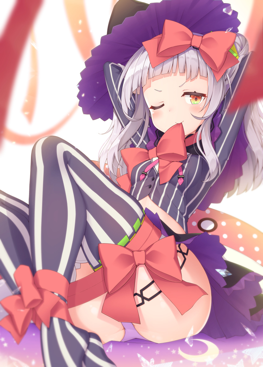 1girl ;) absurdres arms_behind_head arms_up ass bangs black_skirt blurry blurry_foreground bow breasts brown_eyes closed_mouth commentary_request depth_of_field grey_legwear grey_shirt hair_bow hair_bun hat highres hololive huge_filesize mouth_hold murasaki_shion no_shoes one_eye_closed panties pleated_skirt purple_headwear purple_panties red_bow sasakura_momiji shirt side_bun silver_hair skirt small_breasts smile solo striped striped_legwear striped_shirt thigh-highs underwear v-shaped_eyebrows vertical-striped_legwear vertical-striped_shirt vertical_stripes virtual_youtuber white_background witch_hat