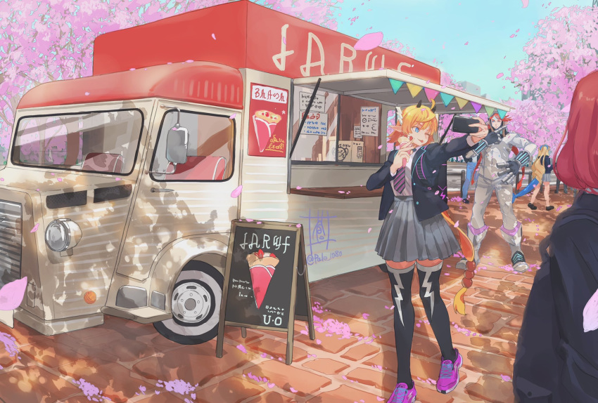1boy 2girls ahoge backpack bag blonde_hair blue_eyes breasts cellphone cherry_blossoms collared_shirt contemporary crepe food food_truck grey_skirt ground_vehicle hair_between_eyes hair_ornament high-waist_skirt highres horns jacket large_breasts lightning_bolt lightning_bolt_hair_ornament lightning_bolt_print long_sleeves motor_vehicle multiple_girls necktie one_eye_closed open_clothes open_jacket outdoors phone pink_footwear pink_nails pleated_skirt pointy_ears redhead rinne_(xenoblade) self_shot shirt shoes short_hair signature skirt smartphone smile sneakers sou_(pale_1080) thigh-highs tongue tongue_out truck white_shirt xenoblade_(series) xenoblade_2 yuuou_(xenoblade) zakuro_(xenoblade) zettai_ryouiki