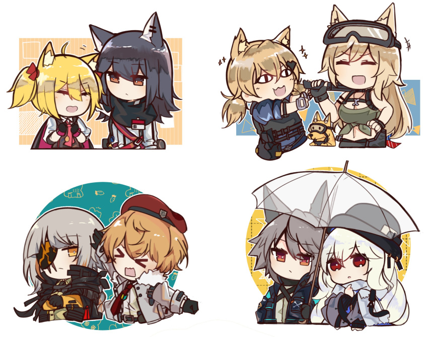 &gt;_&lt; 6+girls animal_ear_fluff animal_ears arknights bangs beret black_gloves black_jacket blonde_hair braid brown_hair cat_ears character_request closed_eyes closed_mouth commander_(girls_frontline) creepy_himecchi dog english_commentary expressionless eyebrows_visible_through_hair eyepatch girls_frontline gloves goggles goggles_on_head hair_between_eyes hair_ornament hat highres holding holding_weapon idw_(girls_frontline) jacket long_hair long_sleeves m16a1_(girls_frontline)_(boss) mod3_(girls_frontline) multicolored_hair multiple_girls necktie open_mouth orange_eyes orange_hair sangvis_ferri scar shirt silver_hair simple_background smile sora_(arknights) star streaked_hair texas_(arknights) transparent transparent_umbrella twintails umbrella upper_body weapon white_background white_jacket wolf_ears