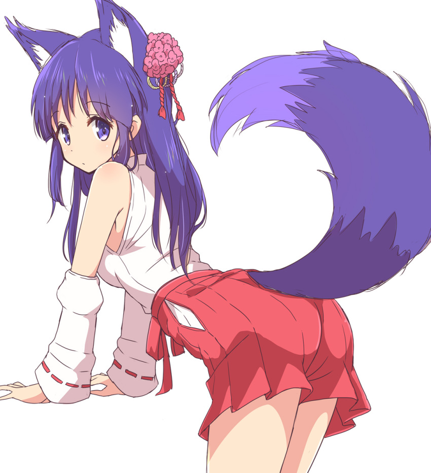 1girl animal_ears arm_support ass bangs closed_mouth cowboy_shot detached_collar eyebrows_visible_through_hair fox_ears fox_tail from_behind hair_ornament hakama hakama_pants highres hinata_yukari japanese_clothes kemonomimi_mode leaning_forward long_hair looking_at_viewer looking_back mel_(melty_pot) miko nontraditional_miko purple_hair red_hakama shirt simple_background sleeveless sleeveless_shirt standing tail violet_eyes white_background white_shirt white_sleeves yuyushiki