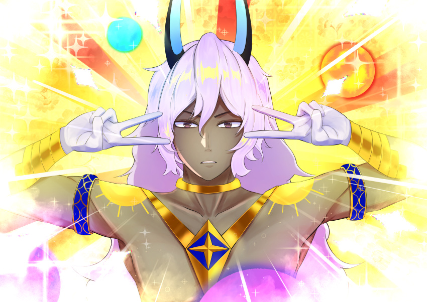 1boy absurdres arjuna_alter armlet bangs bracer dark_skin dark_skinned_male double_v emotional_engine_-_full_drive fate/grand_order fate_(series) gloves grey_eyes hair_between_eyes hands_up highres horns jewelry long_hair looking_at_viewer neck_ring nishiuji orb parody parted_lips shoulder_tattoo silver_hair solo sparkle sunburst sunburst_background tattoo v white_gloves yellow_background