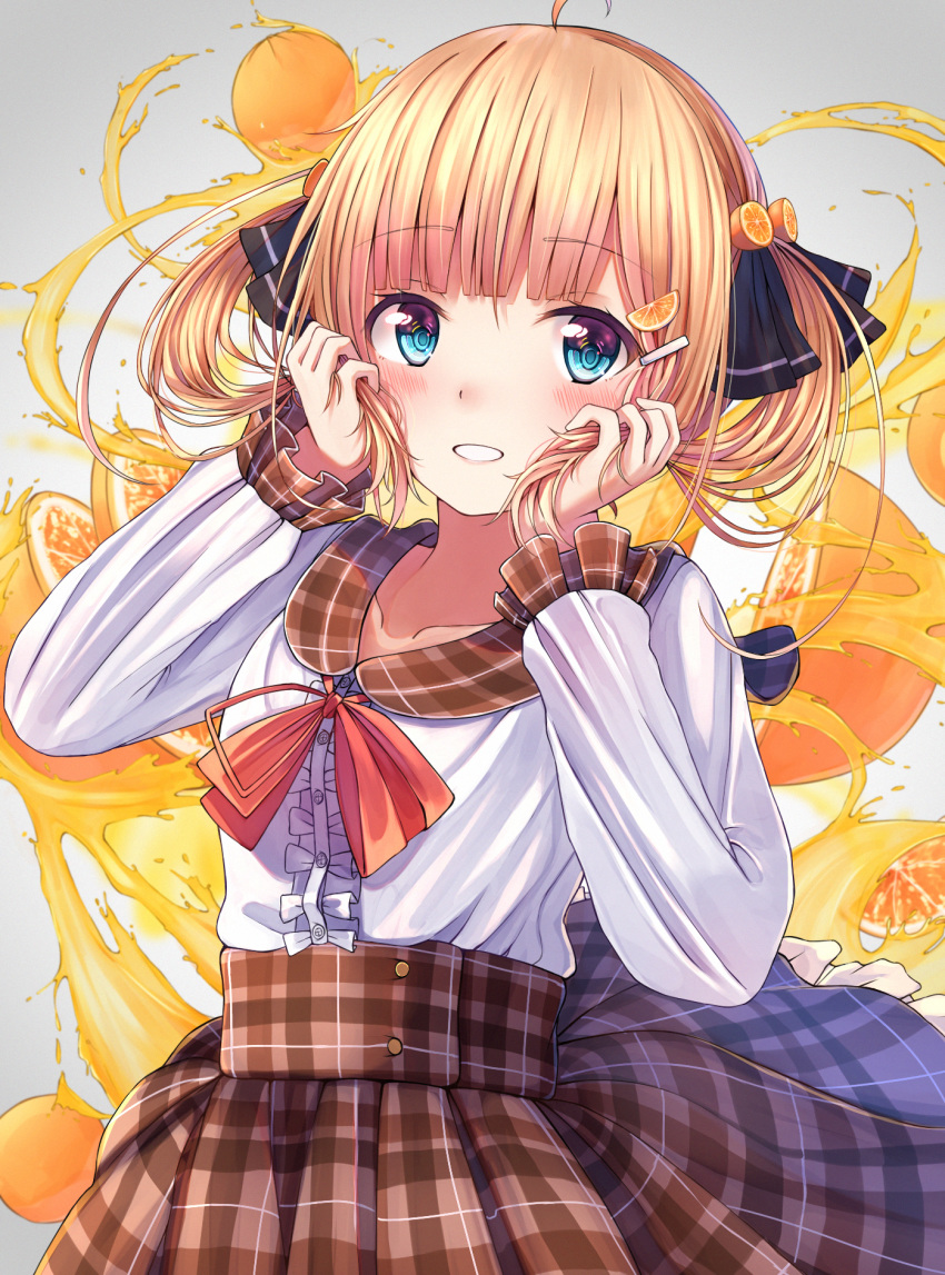 1girl bangs black_ribbon blonde_hair blue_eyes blush bow brown_sailor_collar brown_skirt center_frills collarbone commentary eyebrows_visible_through_hair food food_themed_hair_ornament frills fruit grey_background hair_ornament hair_ribbon hairclip hands_up highres holding holding_hair long_hair long_sleeves looking_at_viewer n2_(yf33) orange orange_hair_ornament original parted_lips plaid plaid_sailor_collar plaid_skirt pleated_skirt red_bow ribbon sailor_collar school_uniform serafuku shirt sidelocks skirt smile solo symbol_commentary twintails white_shirt