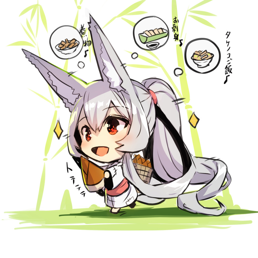 1girl :d absurdly_long_hair animal_ear_fluff animal_ears bamboo bamboo_shoot barefoot basket chibi commentary_request food fox_ears fox_girl fox_tail grey_hair highres holding japanese_clothes kimono long_hair long_sleeves looking_away obi open_mouth original patches ponytail red_eyes sash smile solo sparkle tail thought_bubble translation_request very_long_hair white_kimono wide_sleeves yuuji_(yukimimi)