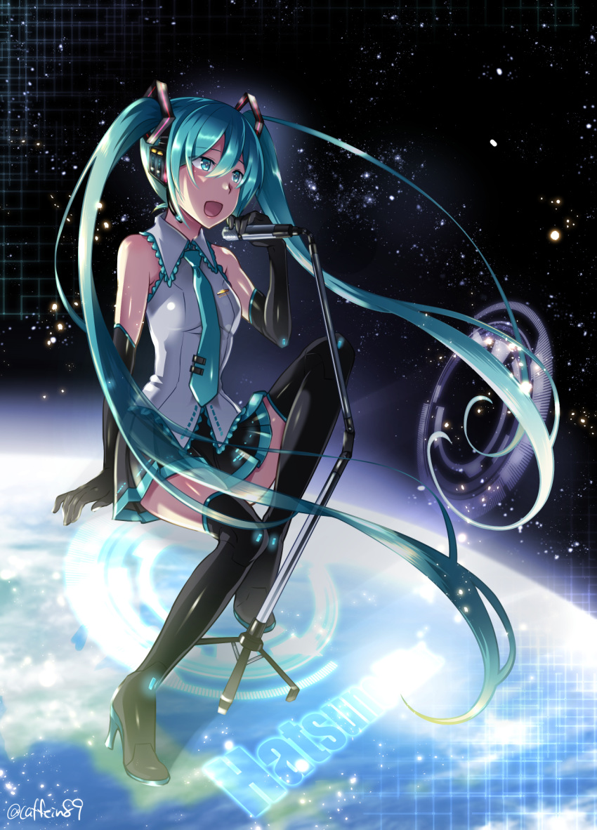 1girl aqua_eyes aqua_hair bangs black_footwear black_gloves boots caffein character_name earth elbow_gloves gloves hair_between_eyes hatsune_miku high_heel_boots high_heels highres holding holding_microphone invisible_chair long_hair microphone necktie open_mouth pleated_skirt sitting skirt sleeveless solo thigh-highs thigh_boots twintails vocaloid