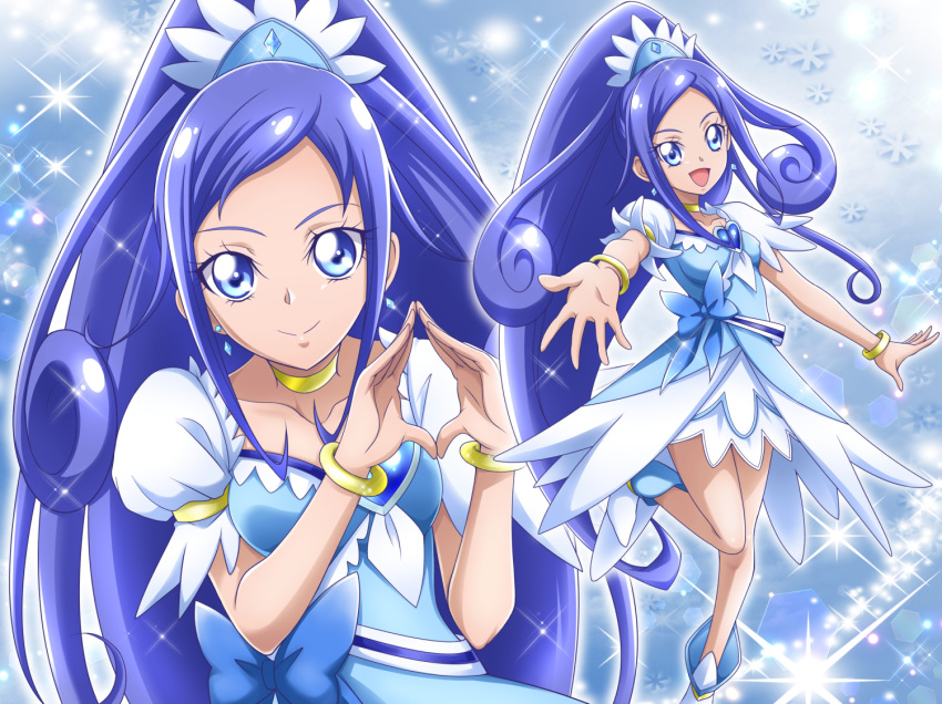 :d bangs blue_dress blue_eyes blue_hair bracelet breasts choker closed_mouth collarbone covered_nipples cure_diamond dokidoki!_precure dress earrings hanzou heart high_ponytail jewelry layered_dress leg_up long_hair looking_at_viewer multiple_views open_mouth outstretched_arms outstretched_hand parted_bangs precure shiny shiny_hair short_dress short_sleeves small_breasts smile solo sparkle standing standing_on_one_leg very_long_hair