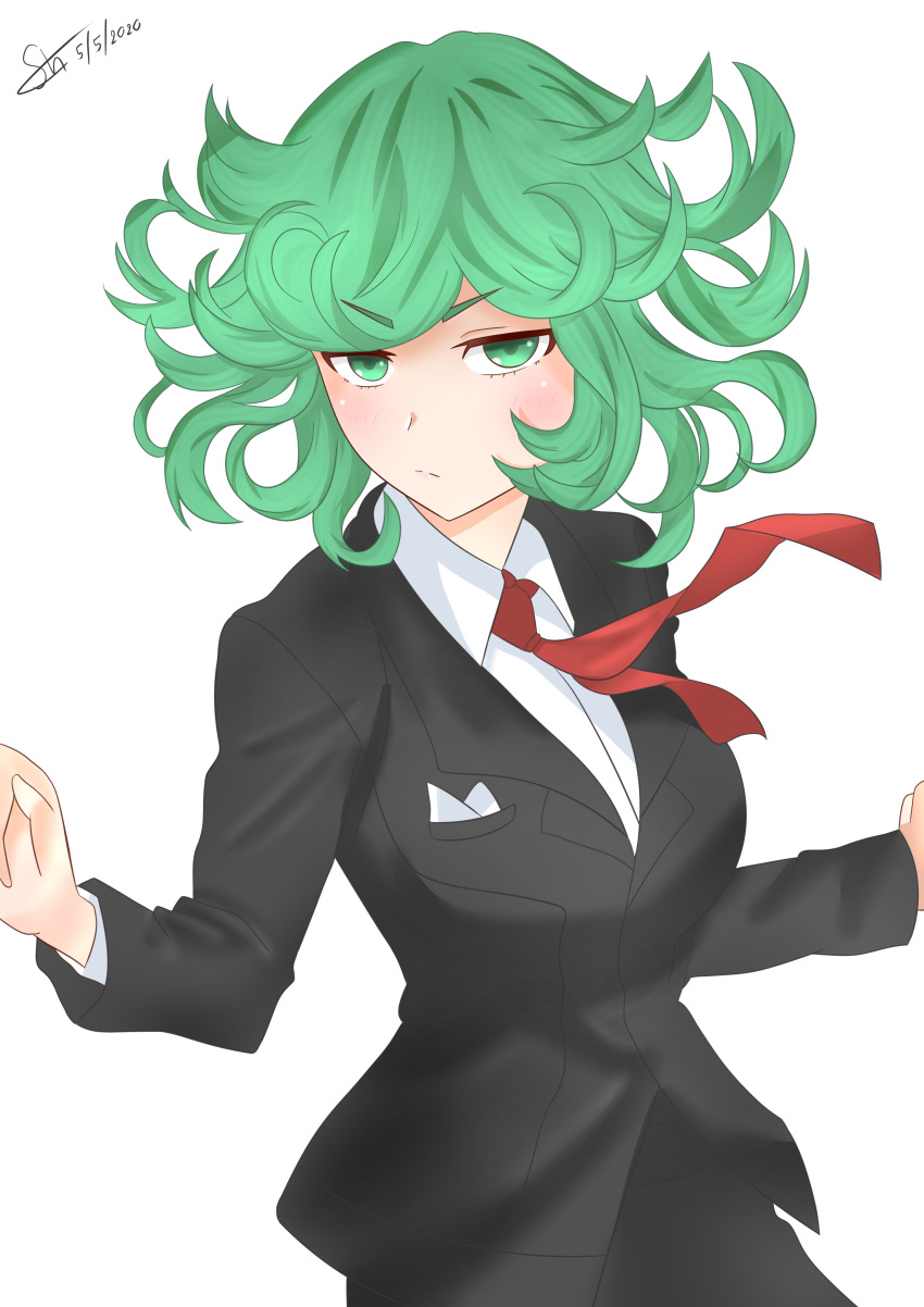 1girl absurdres alternate_breast_size blush breasts curly_hair formal green_eyes green_hair highres long_sleeves looking_at_viewer necktie office one-punch_man shde_odeenz short_hair simple_background solo suit tatsumaki telekinesis uniform white_background