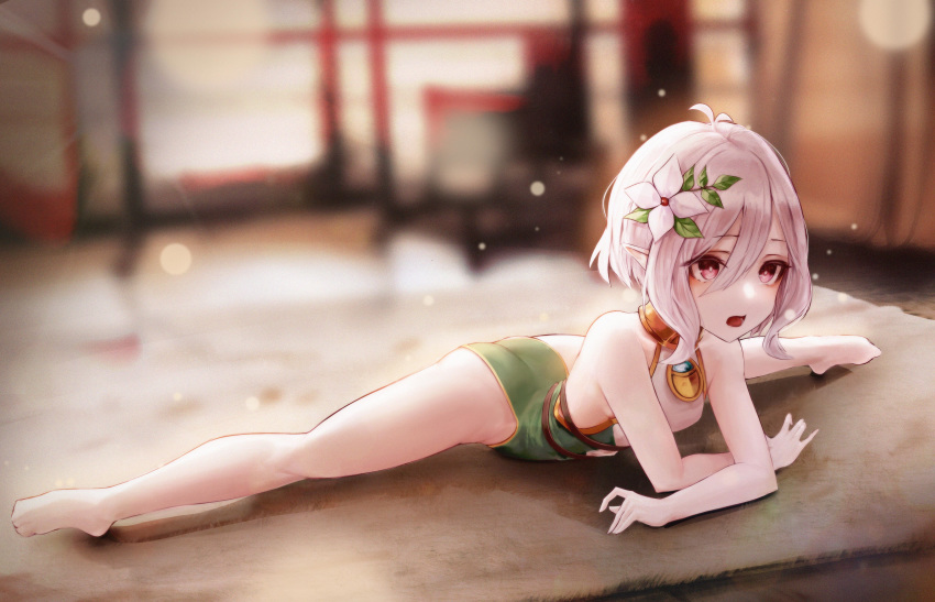 1girl absurdres antenna_hair arm_support ass bare_legs bare_shoulders barefoot blurry blurry_background commentary elf flexible flower full_body hair_between_eyes hair_flower hair_ornament highres hiki_niito kokkoro_(princess_connect!) leotard light_particles lying on_stomach open_mouth pink_eyes pointy_ears princess_connect! princess_connect!_re:dive short_hair silver_hair solo split spread_legs thighs white_flower