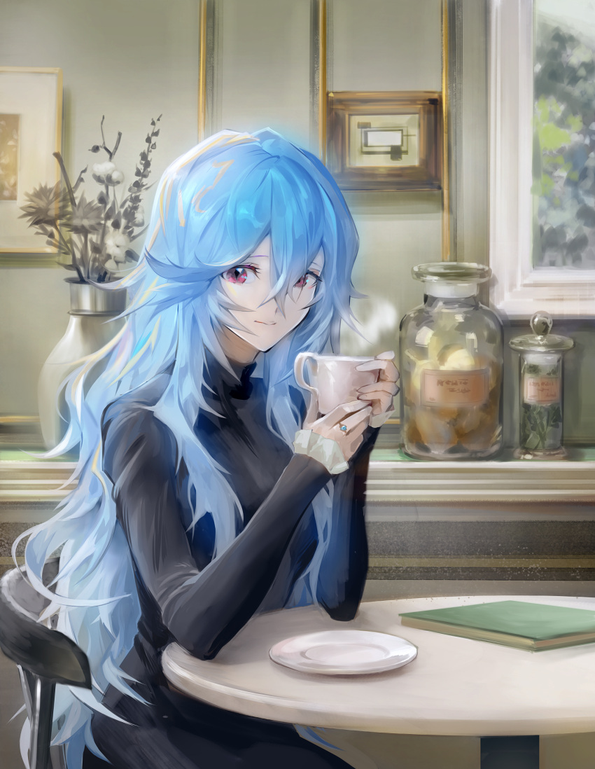 1girl ayanami_rei bangs black_dress blue_hair closed_mouth cup dress frilled_sleeves frills gradient_hair hair_between_eyes highres holding holding_cup indoors jewelry kyokokoyama long_hair long_sleeves looking_at_viewer multicolored_hair neon_genesis_evangelion red_eyes ring shiny shiny_hair silver_hair sitting smile solo steam very_long_hair