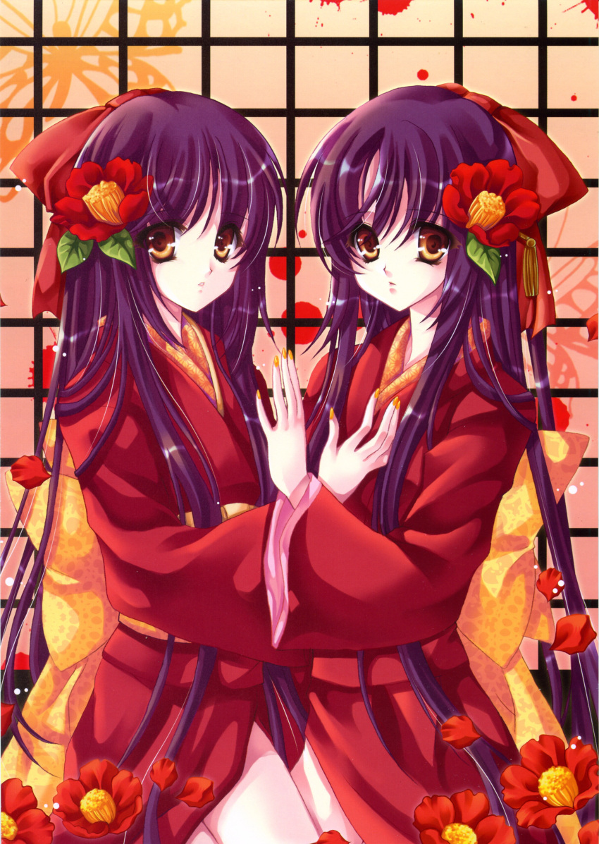 absurdres artist_request bow brown_eyes camellia_(flower) character_request flower hair_bow hair_flower hair_ornament highres japanese_clothes kimono kneeling long_hair multiple_girls nail_polish obi purple_hair siblings sisters source_request symmetry twins very_long_hair yellow_eyes