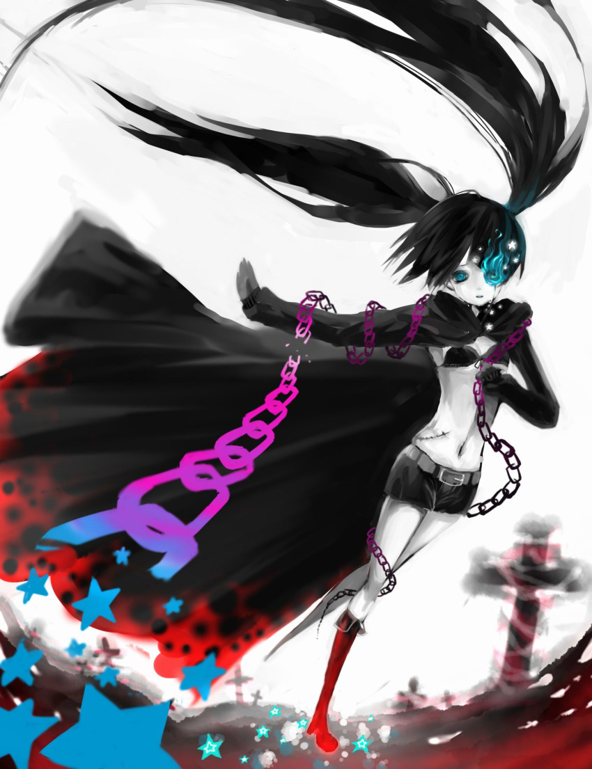 belt bikini_top black_hair black_rock_shooter black_rock_shooter_(character) blue_eyes boots chain chains chome_(pixiv) coat cross flat_chest front-tie_top gloves glowing glowing_eyes highres hood hooded_jacket jacket knee_boots long_hair midriff navel pale_skin scar short_shorts shorts solo star stitches tears twintails uneven_twintails very_long_hair wind