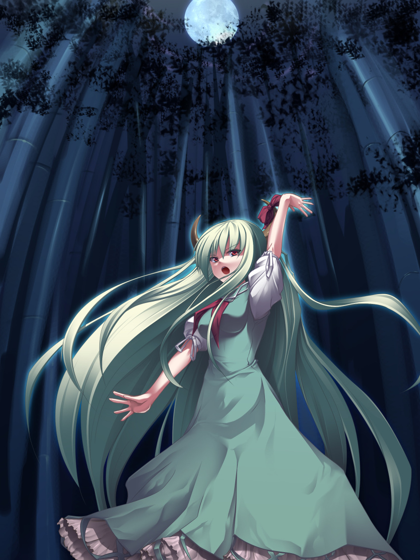 bamboo bamboo_forest date_hajime ex-keine ex_keine exkeine forest green_hair highres horn_ribbon horns kamishirasawa_keine long_hair moon nature red_eyes ribbon ribbons touhou