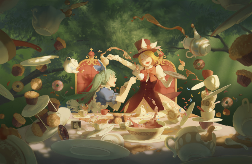 2girls alice_(wonderland) alice_(wonderland)_(cosplay) alice_in_musicland_(vocaloid) apron aqua_hair blonde_hair blue_dress bowl chair chinese_commentary closed_eyes commentary cosplay cup cupcake dessert doughnut dress facing_another food forest frilled_apron frills hat hatsune_miku holding holding_cup holding_teapot holding_tray kagamine_rin long_hair long_sleeves mad_hatter mad_hatter_(cosplay) multiple_girls nature open_mouth outstretched_arm plate puffy_long_sleeves puffy_sleeves red_dress red_headwear scenery short_hair sitting smile spencer_sais spill spilling spoon sprinkles standing tea tea_party teacup teapot top_hat tray tree twintails very_long_hair vocaloid