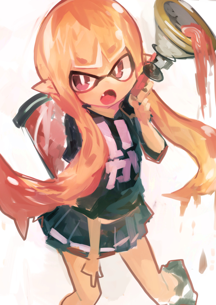 1girl absurdres black_shirt black_skirt clothes_writing domino_mask eyebrows_visible_through_hair fang highres holding holding_weapon ink_tank_(splatoon) inkling kaamin_(mariarose753) long_hair mask open_mouth orange_hair pleated_skirt pointy_ears red_eyes shirt simple_background skirt solo splatoon_(series) tentacle_hair weapon white_background