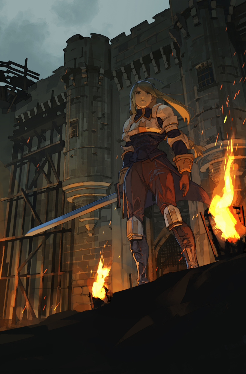 1girl agrias_oaks armor battlement blonde_hair boots braid brown_gloves brown_pants building castle closed_mouth clouds cloudy_sky final_fantasy final_fantasy_tactics fire fortress from_below gloves high_collar highres holding holding_sword holding_weapon knight long_hair midoriimo_(9ne8n) outdoors pants shoulder_armor single_braid sky solo sword twilight wall weapon
