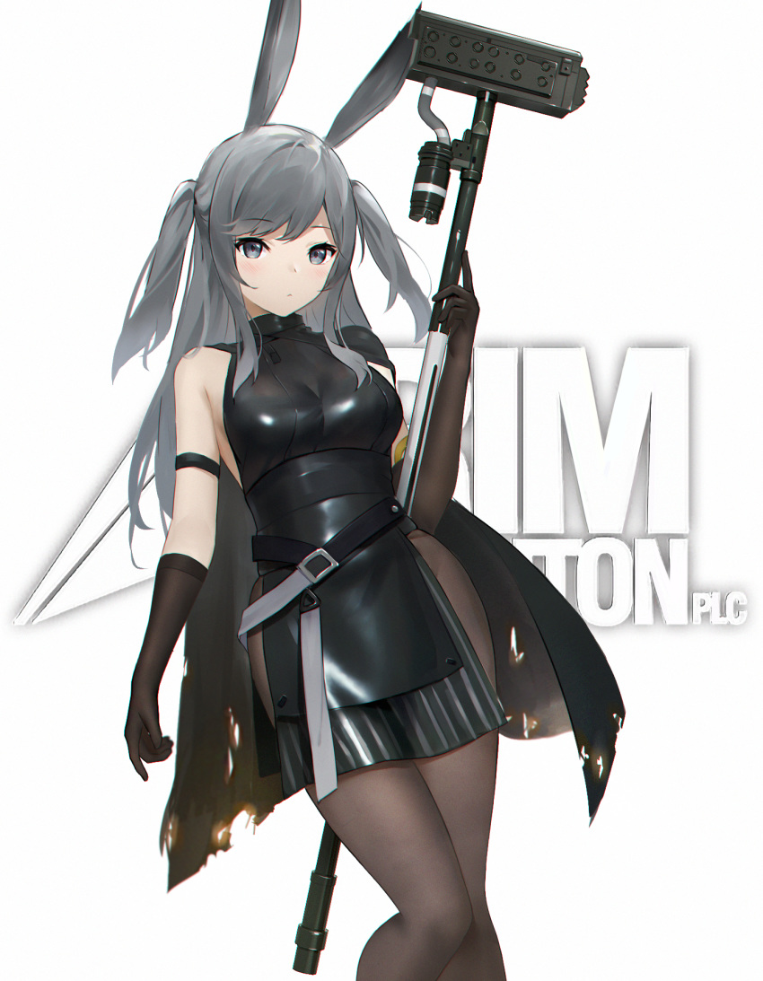 1girl animal_ears arknights arm_strap bangs banxuan_c2ka bare_shoulders belt black_cape black_dress black_gloves blush breasts brown_legwear cape chromatic_aberration commentary dress eyebrows_visible_through_hair feet_out_of_frame gloves grey_eyes hammer hand_up highres holding holding_hammer holding_weapon long_hair looking_at_viewer medium_breasts pantyhose rabbit_ears revision savage_(arknights) short_dress silver_hair simple_background sleeveless sleeveless_dress solo standing thighs two_side_up weapon white_background
