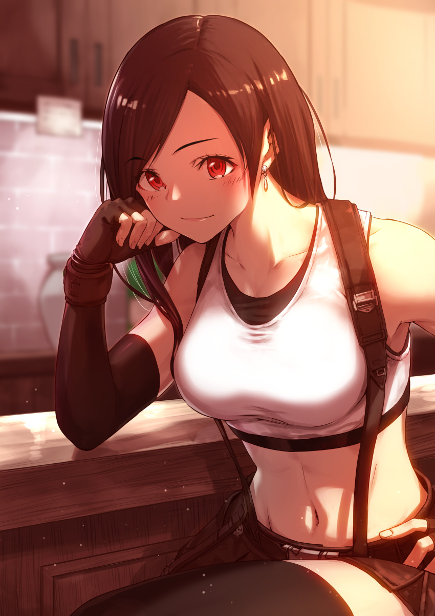 1girl absurdres backlighting bare_shoulders black_hair black_legwear black_skirt blush breasts brown_eyes brown_hair closed_mouth earrings elbow_gloves elbows_on_table final_fantasy final_fantasy_vii final_fantasy_vii_remake fingerless_gloves gloves hand_on_hip head_rest highres indoors jewelry large_breasts long_hair looking_at_viewer midriff nakanishi_tatsuya navel red_eyes sitting skirt smile solo suspender_skirt suspenders suspenders_gap tank_top thigh-highs tifa_lockhart