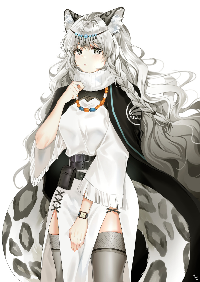 1girl absurdres animal_ear_fluff animal_ears arknights bangs bead_necklace beads belt black_belt black_cape blush cape commentary cowboy_shot dress eyebrows_visible_through_hair grey_eyes grey_legwear hair_between_eyes head_chain highres jewelry koret_owo leopard_ears leopard_tail long_hair long_sleeves looking_at_viewer necklace pelvic_curtain pouch pramanix_(arknights) silver_hair simple_background solo standing tail thigh-highs thighs turtleneck_dress very_long_hair wavy_hair white_background white_dress wide_sleeves