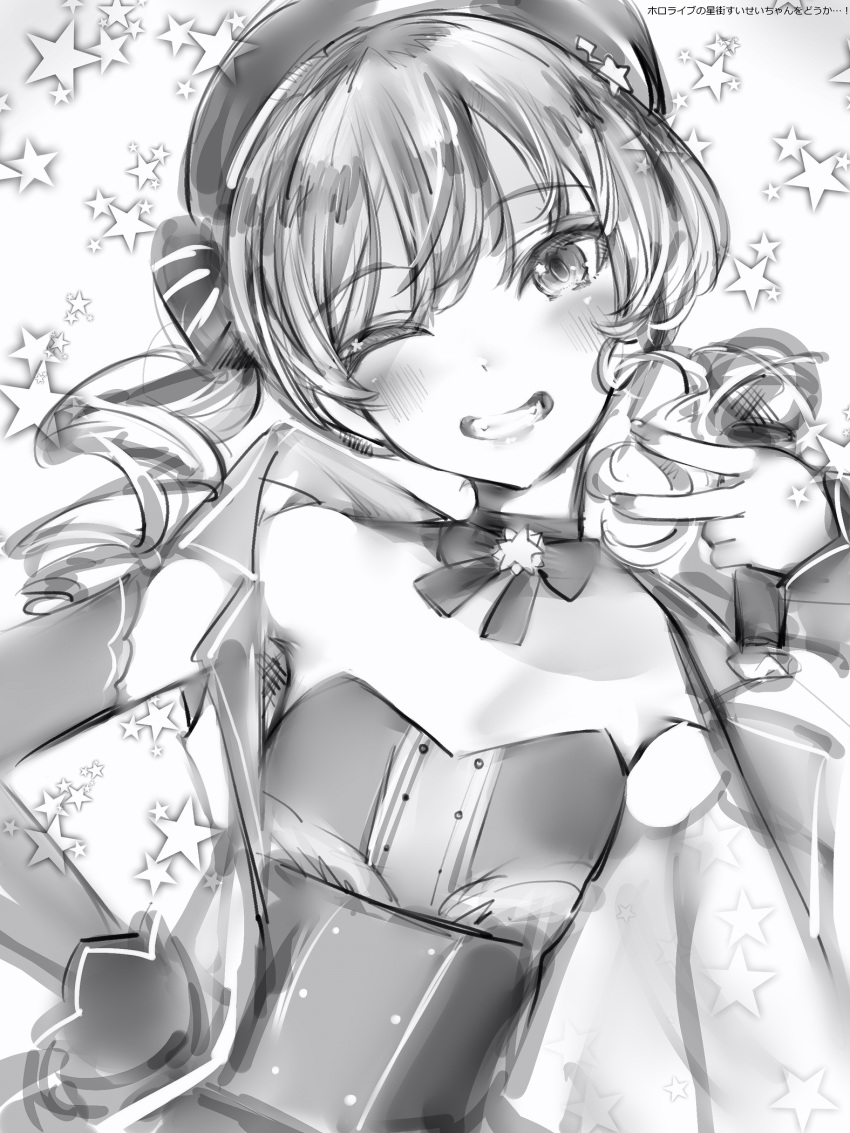 1girl blush bow bowtie choker detached_sleeves eyebrows_visible_through_hair flat_chest greyscale hand_on_hip hand_up hat head_tilt highres hololive hoshimachi_suisei long_sleeves looking_at_viewer monochrome nail_polish nanashi_(nlo74593630) one_eye_closed smile solo star starry_background twintails upper_body v wristband