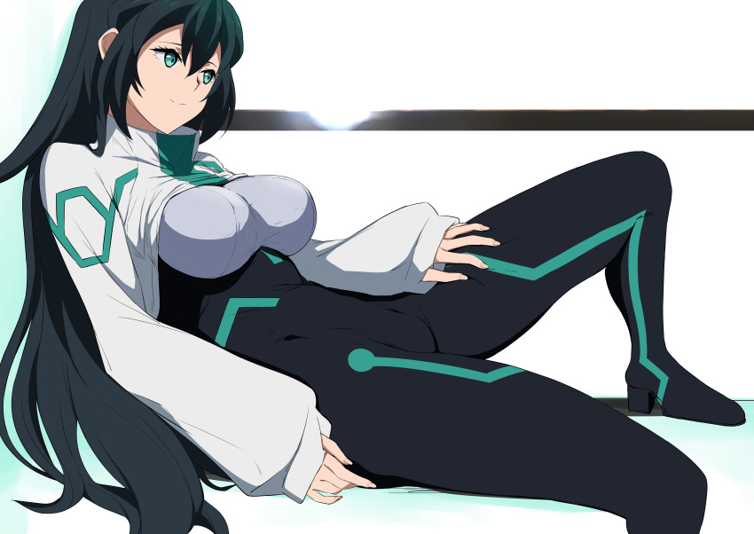 absurdres black_bodysuit bodysuit breasts green_eyes green_hair gundam gundam_build_divers gundam_build_divers_re:rise hand_on_own_thigh high_heels highres jacket light_smile long_hair looking_ahead lying may_(gundam_build_divers_re:rise) medium_breasts shrug_(clothing) tonotyama white_jacket