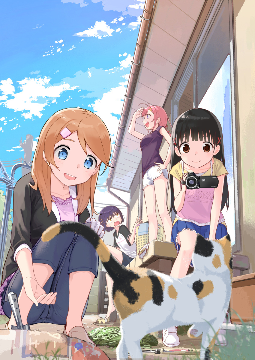 4girls :d ahoge animal bangs black_hair black_jacket black_shorts blue_eyes blue_skirt blue_sky blunt_bangs bottle brown_eyes brown_hair camcorder cat closed_mouth clothesline clouds collarbone commentary_request deck denim fence hair_ornament hairclip hand_on_hip hand_on_own_knee highres holding house jacket jeans laundry_basket long_hair max_melon medium_hair multiple_girls open_mouth original outstretched_arm pants pink_shirt pleated_skirt power_lines power_pole purple_hair purple_shirt redhead shirt short_hair short_shorts short_sleeves shorts skirt sky smile tree upper_teeth violet_eyes water_bottle white_shirt white_shorts window x_hair_ornament yellow_eyes