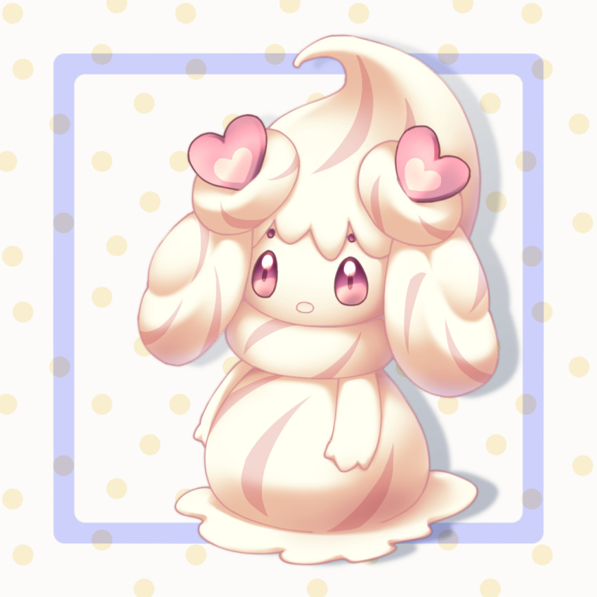 :o alcremie alcremie_(love_sweet) alcremie_(vanilla_cream) commentary_request creature full_body gen_8_pokemon hime_takeo no_humans pokemon pokemon_(creature) polka_dot polka_dot_background solo standing violet_eyes white_background