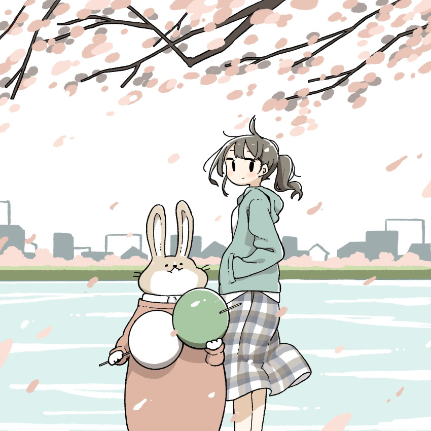 1girl animal brown_hair cherry_blossoms clothed_animal dango east_sha2 food from_side highres holding holding_food hood hoodie original outdoors plaid plaid_skirt ponytail rabbit skirt skyline solo sweater wagashi water