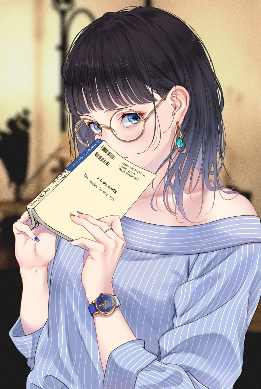 1girl bangs bare_shoulders black_hair blue_eyes blue_nails blue_shirt blunt_bangs blurry blurry_background blush book closed_mouth collarbone commentary_request depth_of_field earrings glasses highres holding holding_book indoors jewelry long_sleeves nail_polish open_book original ring round_eyewear saitou_(lynx-shrike) shirt solo striped striped_shirt upper_body vertical-striped_shirt vertical_stripes watch watch yellow-framed_eyewear