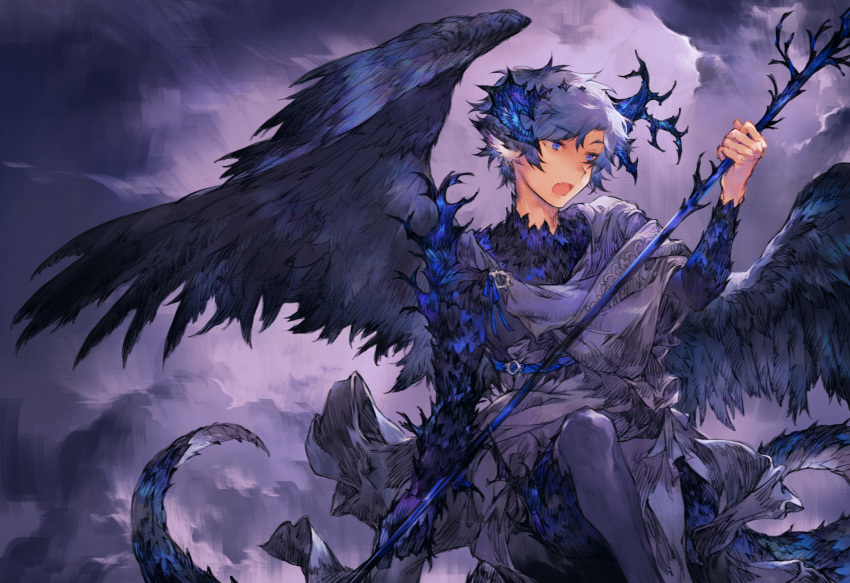 1boy animal_ears blue_wings clouds cloudy_sky demon_horns demon_tail fang feathered_wings feet_out_of_frame fingernails highres holding holding_weapon horns joolz male_focus monster_boy open_mouth original pantyhose purple_background purple_hair purple_legwear purple_sky purple_theme purple_wings robe scales sharp_fingernails sitting sky solo spread_wings tail violet_eyes weapon wings