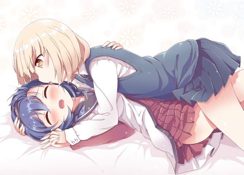 2girls blonde_hair blue_hair blush closed_eyes collarbone ear_licking eyebrows_visible_through_hair furutani_himawari hair_ornament hairband highres holding_hands hug licking lying lying_on_person miniskirt multiple_girls nanamori_school_uniform on_back oomuro_nadeshiko open_mouth school_swimsuit school_uniform shiny shiny_hair short_hair skirt sweat swimsuit takahero tongue tongue_out yellow_eyes yuri yuru_yuri