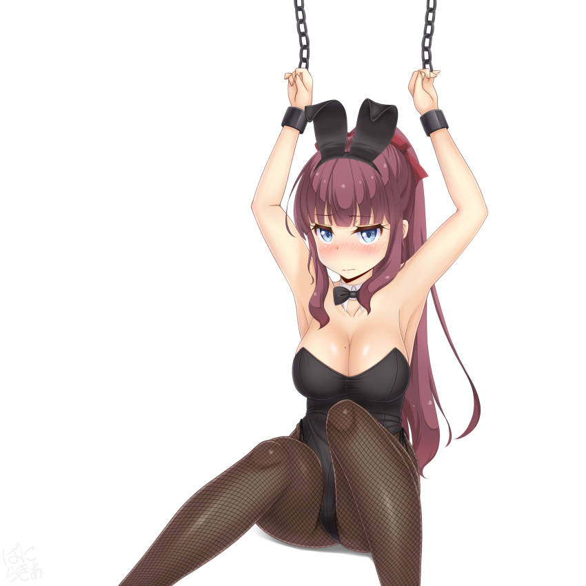1girl absurdres animal_ears arms_up bangs black_legwear black_leotard black_neckwear blue_eyes blunt_bangs bow bowtie breasts brown_hair bunny_girl bunnysuit chain commentary_request cowboy_shot cuffs detached_collar fishnet_legwear fishnets highres large_breasts leotard long_hair looking_at_viewer new_game! pantyhose ponytail rabbit_ears restrained sainohikari shackles sidelocks simple_background sitting solo strapless strapless_leotard takimoto_hifumi white_background
