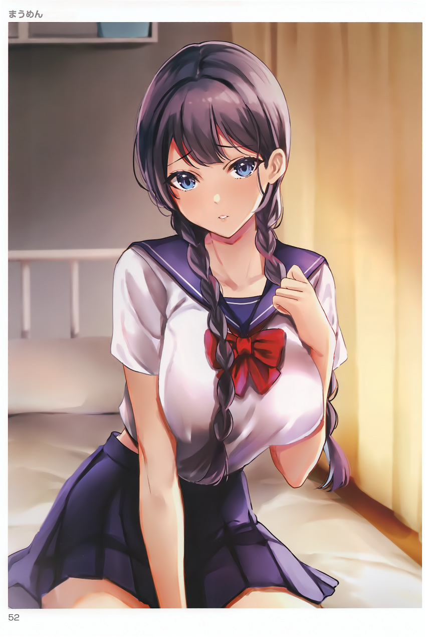 1girl absurdres artist_name bangs black_hair blue_eyes blue_skirt blurry blurry_background braid breasts briad highres large_breasts looking_at_viewer maumen page_number parted_lips pleated_skirt scan school_uniform short_hair simple_background sitting skirt solo tied_hair toranoana twin_braids twintails