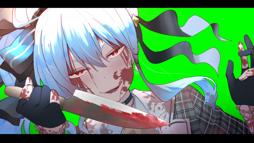 1girl absurdres ahoge beret blood blood_on_face bloody_clothes bloody_knife blue_hair choker commentary_request eyebrows_visible_through_hair gloves green_screen hair_ribbon hat highres holding holding_knife hololive hoshimachi_suisei knife letterboxed licking_lips open_mouth plaid red_eyes ribbon side_ponytail smile solo tonari_no_kai_keruberosu tongue tongue_out upper_body virtual_youtuber