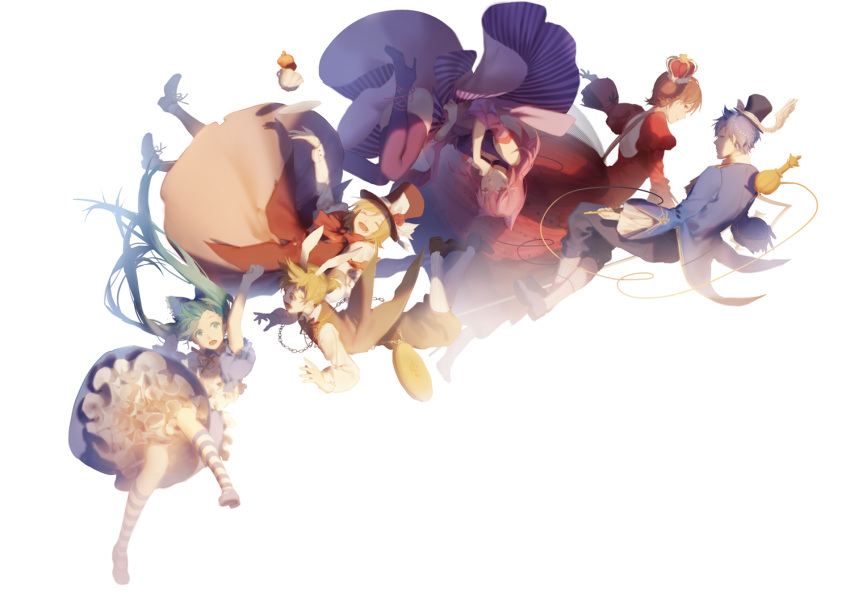 2boys 4girls alice_(wonderland) alice_in_musicland_(vocaloid) animal_ears aqua_eyes aqua_hair backless_dress backless_outfit black_pants black_vest blonde_hair blue_dress blue_hair blue_headwear blue_jacket blue_suit brown_eyes brown_hair cat_ears caterpillar_(wonderland) caterpillar_(wonderland)_(cosplay) cheshire_cat cheshire_cat_(cosplay) chinese_commentary closed_eyes commentary cosplay crown detached_sleeves dress everyone floating hand_to_own_mouth hat hatsune_miku hookah hoop_skirt jacket kagamine_len kagamine_rin kaito kneehighs long_hair long_sleeves looking_at_viewer mad_hatter mad_hatter_(cosplay) megurine_luka meiko multiple_boys multiple_girls open_mouth outstretched_arm pants petticoat pink_hair pink_skirt pink_sleeves pocket_watch puffy_sleeves queen_of_hearts queen_of_hearts_(cosplay) rabbit_ears red_dress red_headwear short_hair short_ponytail short_sleeves sideways_glance skirt smile spencer_sais spiky_hair striped striped_legwear striped_skirt teapot top_hat tray twintails upside-down very_long_hair vest vocaloid watch white_background white_rabbit white_rabbit_(cosplay) wide_shot