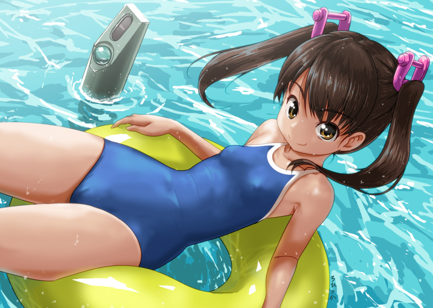 1girl artist_name bangs blue_swimsuit breasts brown_eyes brown_hair collarbone commentary_request floating hair_ornament innertube looking_at_viewer medium_hair ocean one-piece_swimsuit original periscope rohitsuka school_swimsuit signature small_breasts smile solo swept_bangs swimsuit twintails