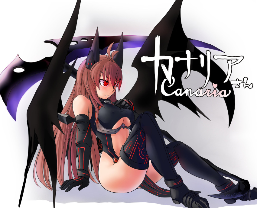 1girl black_gloves black_legwear boots borrowed_character breasts brown_hair canaria_(cana_tikuwa) character_name closed_mouth covered_nipples demon_girl doitsuken eyebrows_visible_through_hair gloves grey_background hair_between_eyes highres holding holding_weapon horns large_breasts leotard long_hair navel original pelvic_curtain red_eyes scythe sitting slit_pupils solo spread_wings thigh-highs weapon wings