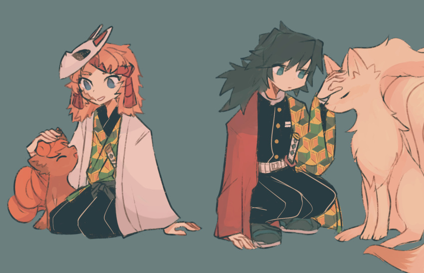 2boys ^_^ black_hair blue_eyes charamells closed_eyes commentary english_commentary facing_another full_body gen_1_pokemon grey_background highres kimetsu_no_yaiba long_hair looking_at_another male_focus medium_hair multiple_boys ninetales orange_hair petting pokemon sabito_(kimetsu) sheath sheathed simple_background sitting squatting sword tomioka_giyuu vulpix weapon