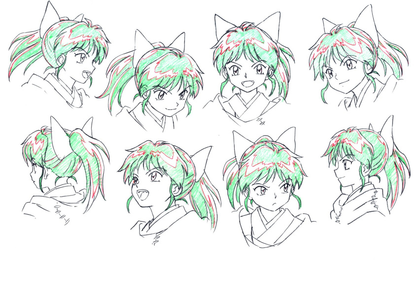 1girl :d bangs cloak closed_mouth green_hair han'you_no_inuyasha highres inuyasha japanese_clothes looking_at_viewer looking_away looking_up moroha multiple_views official_art open_mouth partially_colored ponytail profile sidelocks sideways_glance simple_background smile white_background