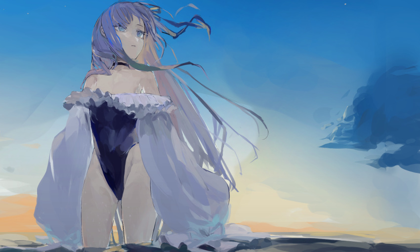 1girl bare_shoulders blue_eyes blue_ribbon choker clouds fate/grand_order fate_(series) frills hair_ribbon highres long_hair meltryllis meltryllis_(swimsuit_lancer)_(fate) one-piece_swimsuit purple_hair ribbon sky sleeves_past_wrists solo swimsuit wading yorurokujuu