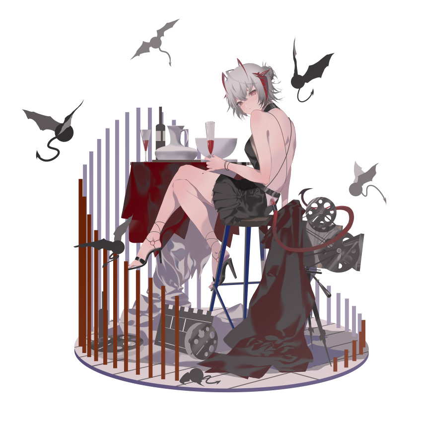 1girl absurdres alcohol arknights bare_back bat black_dress black_footwear black_skirt bottle breasts cage cup demon_girl demon_horns demon_tail dress drinking_glass feet film_set formal full_body grey_hair high_heels highres holding holding_cup horns looking_at_viewer looking_back red_eyes red_nails shoes short_hair sitting skirt solo tail tatatsu w_(arknights) wine wine_bottle wine_glass