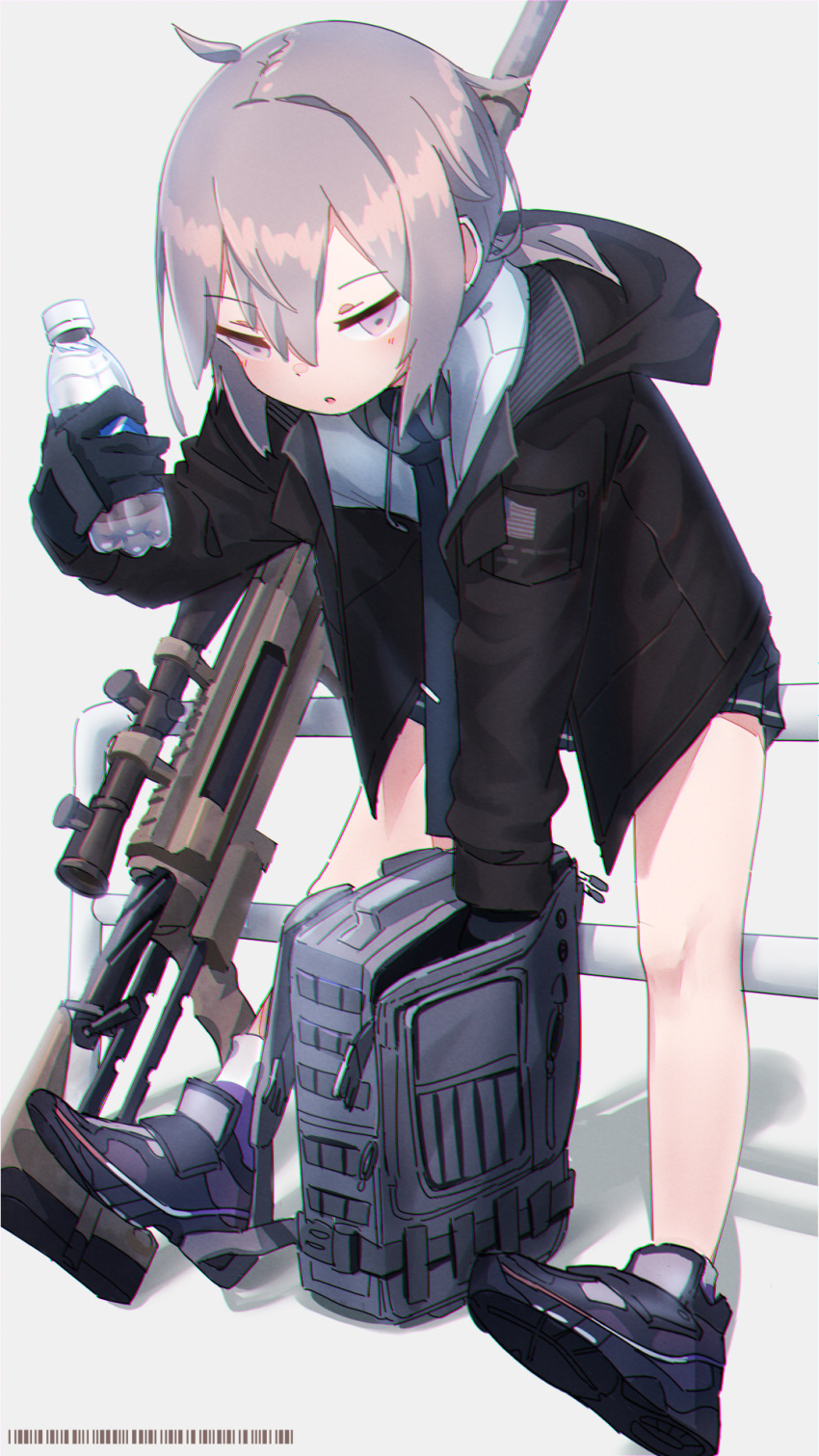 1girl american_flag backpack bag black_gloves black_neckwear black_skirt bolt_action bottle brown_jacket cheytac_m200 commentary_request emblem girls_frontline gloves gun highres jacket kuro_kosyou m200_(girls_frontline) necktie open_clothes open_jacket pleated_skirt rifle shoes skirt sneakers sniper_rifle sniper_scope solo water water_bottle weapon