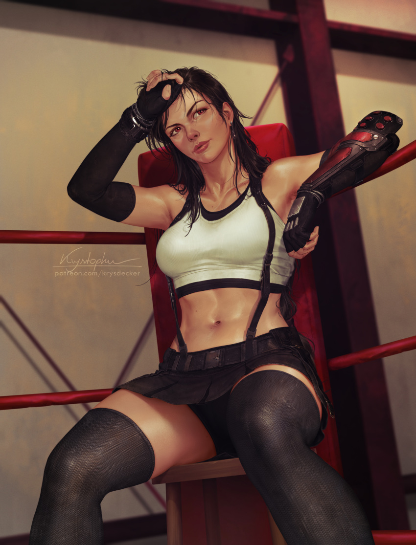 1girl abs absurdres arm_guards bike_shorts black_hair black_legwear black_skirt brown_eyes final_fantasy final_fantasy_vii final_fantasy_vii_remake fingerless_gloves gloves highres krystopher_decker long_hair low-tied_long_hair midriff paid_reward patreon_reward pleated_skirt realistic shirt shorts shorts_under_skirt sitting skirt sleeveless solo suspender_skirt suspenders sweat tank_top taut_clothes taut_shirt thigh-highs tifa_lockhart toned wet wet_hair white_tank_top wiping_forehead