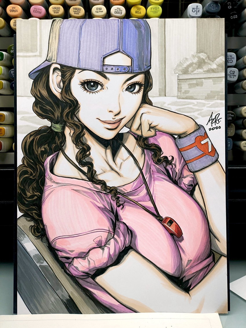 1girl ayako_(slam_dunk) backwards_hat baseball_cap blue_eyes blue_headwear breasts brown_hair closed_mouth commentary dated english_commentary eyelashes hand_on_own_cheek hat highres lips long_hair looking_at_viewer medium_breasts photo pink_shirt ponytail shirt short_sleeves sidelocks signature slam_dunk smile solo stanley_lau sweatband thick_lips traditional_media upper_body wavy_hair whistle whistle_around_neck wristband