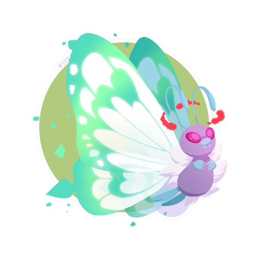 antennae bug butterfly butterfree creature english_commentary flying full_body gen_1_pokemon gigantamax gigantamax_butterfree highres hydroflorix insect no_humans number pokemon pokemon_(creature) solo violet_eyes