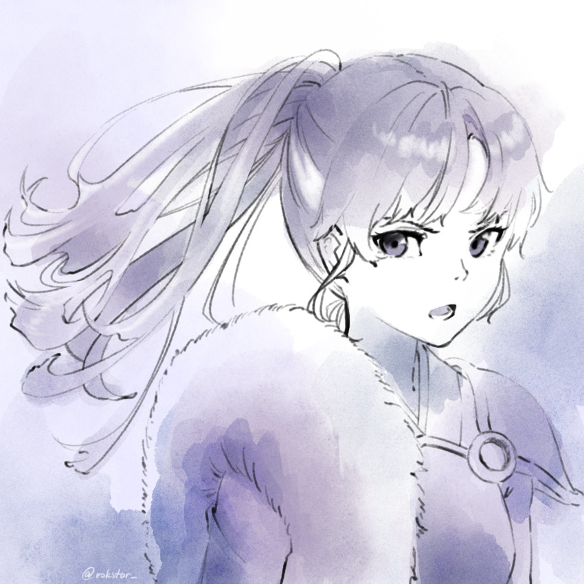 1girl bangs fur_trim han'you_no_inuyasha highres inuyasha japanese_clothes long_hair looking_at_viewer monochrome o-ring open_mouth ponytail purple_theme rokstor setsuna_(inuyasha) sidelocks simple_background solo