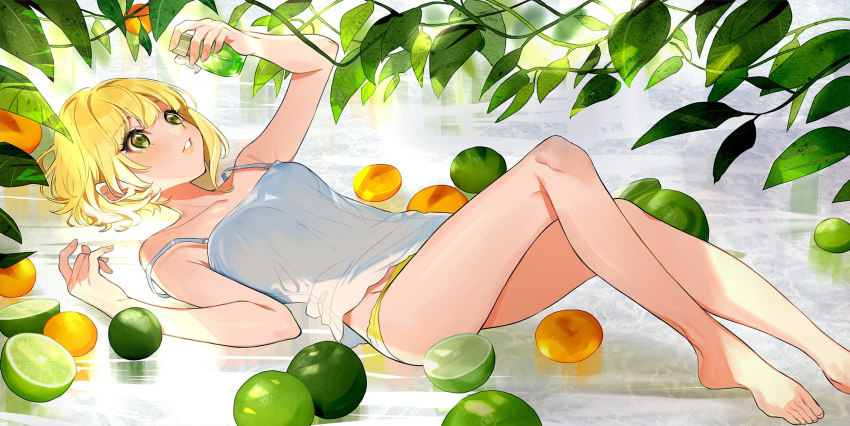 1girl blonde_hair bottle camisole food fruit green_eyes highres holding idolmaster idolmaster_cinderella_girls leaf lemon lime_(fruit) looking_up lying miyamoto_frederica on_back open_mouth panties perfume_bottle plant short_hair solo strap_slip underwear water yellow_panties yuu_(higashi_no_penguin)