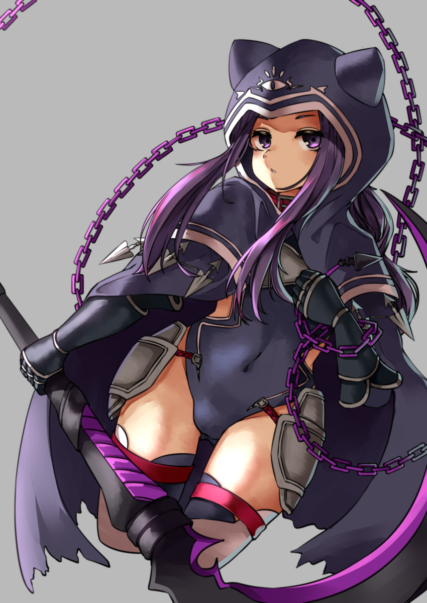 1girl absurdres armor ass_visible_through_thighs black_capelet black_cloak black_gloves black_leotard braid breastplate capelet chain cloak collar covered_navel fate_(series) gloves grey_background hand_on_own_chest highres hood leotard long_hair medusa_(lancer)_(fate) ponytail purple_hair scythe simple_background solo tansaninryousui thigh-highs thigh_gap thigh_strap thighs violet_eyes weapon