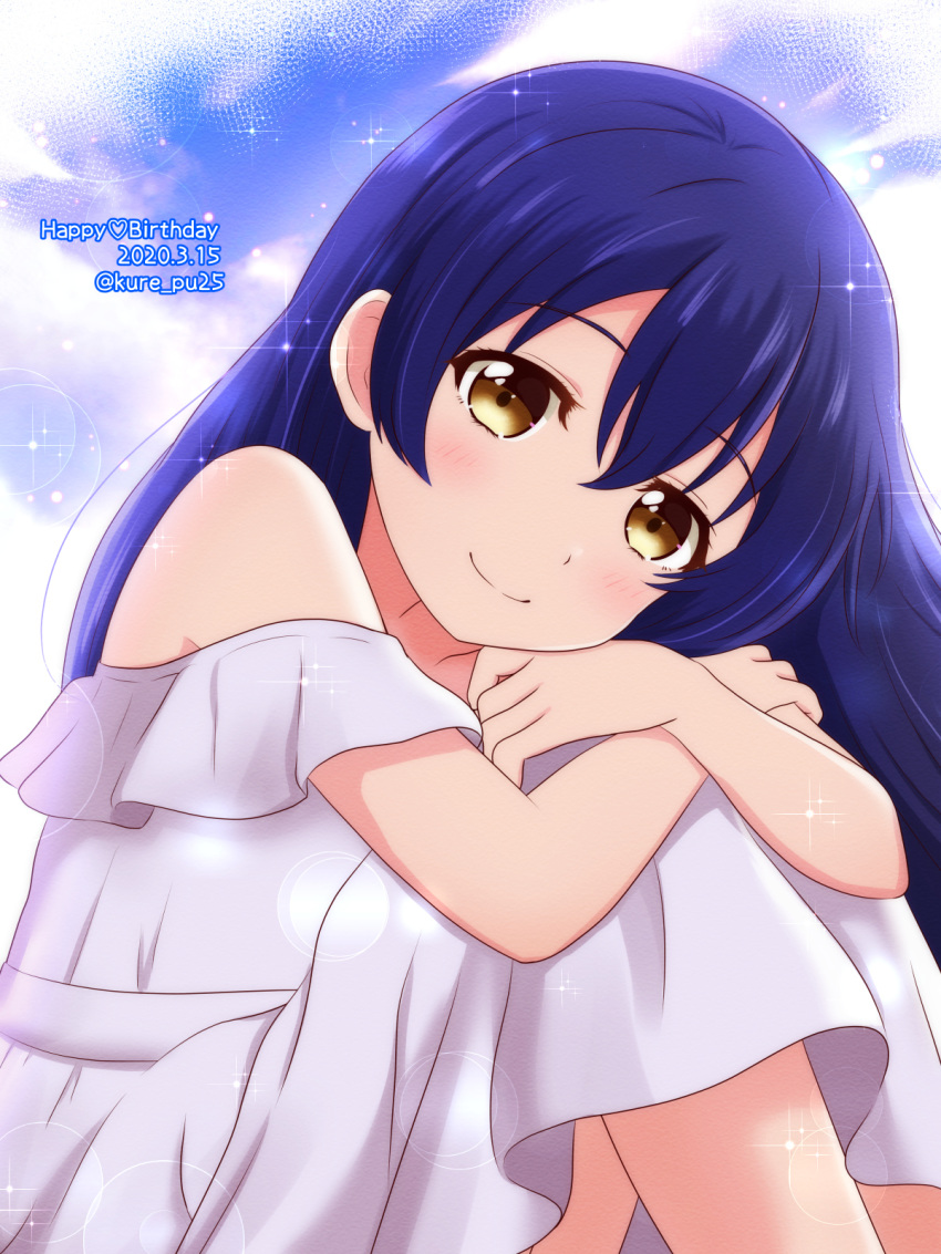 1girl bangs bare_shoulders blue_hair blush dress hair_between_eyes happy_birthday highres kousaka_kure leg_hug long_hair looking_at_viewer love_live! love_live!_school_idol_project simple_background sitting skirt smile solo sonoda_umi white_dress yellow_eyes